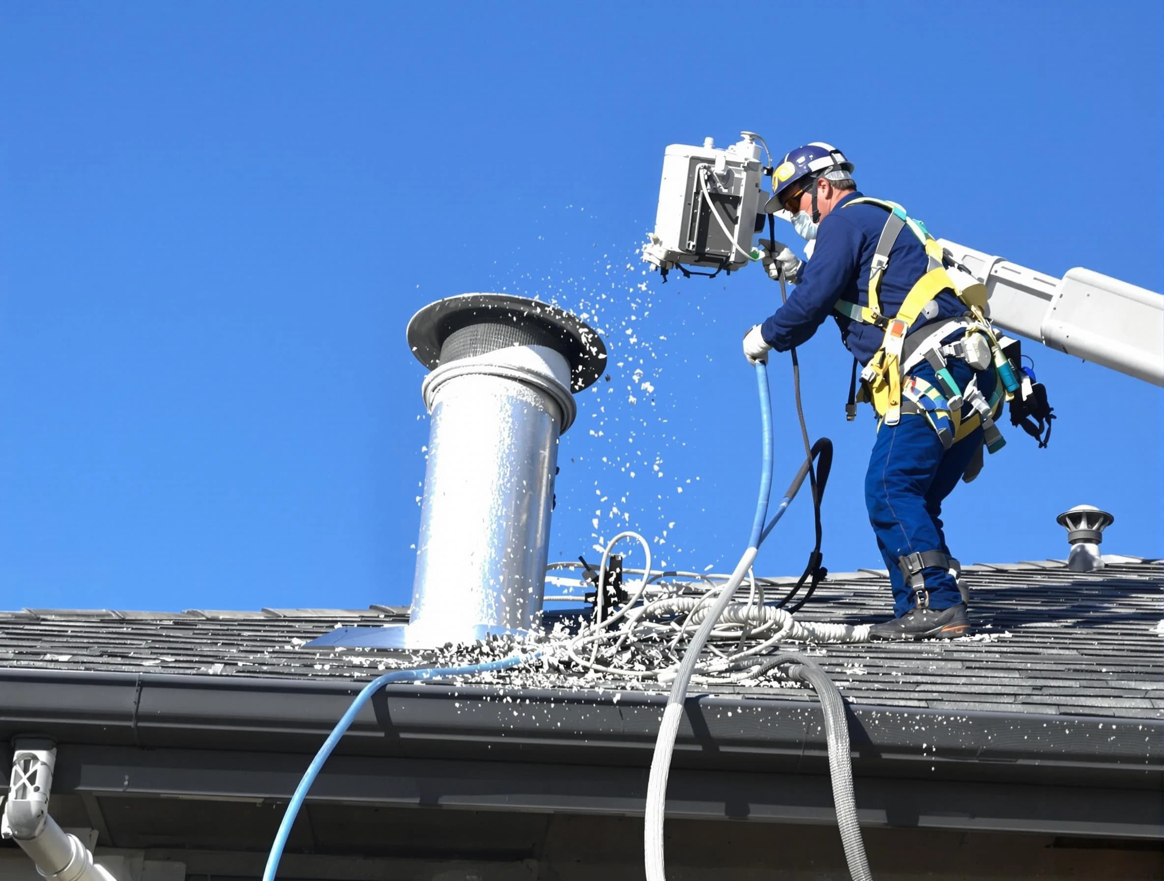 Chickasha Dryer Vent Cleaning certified technician safely cleaning a roof-mounted dryer vent in Chickasha