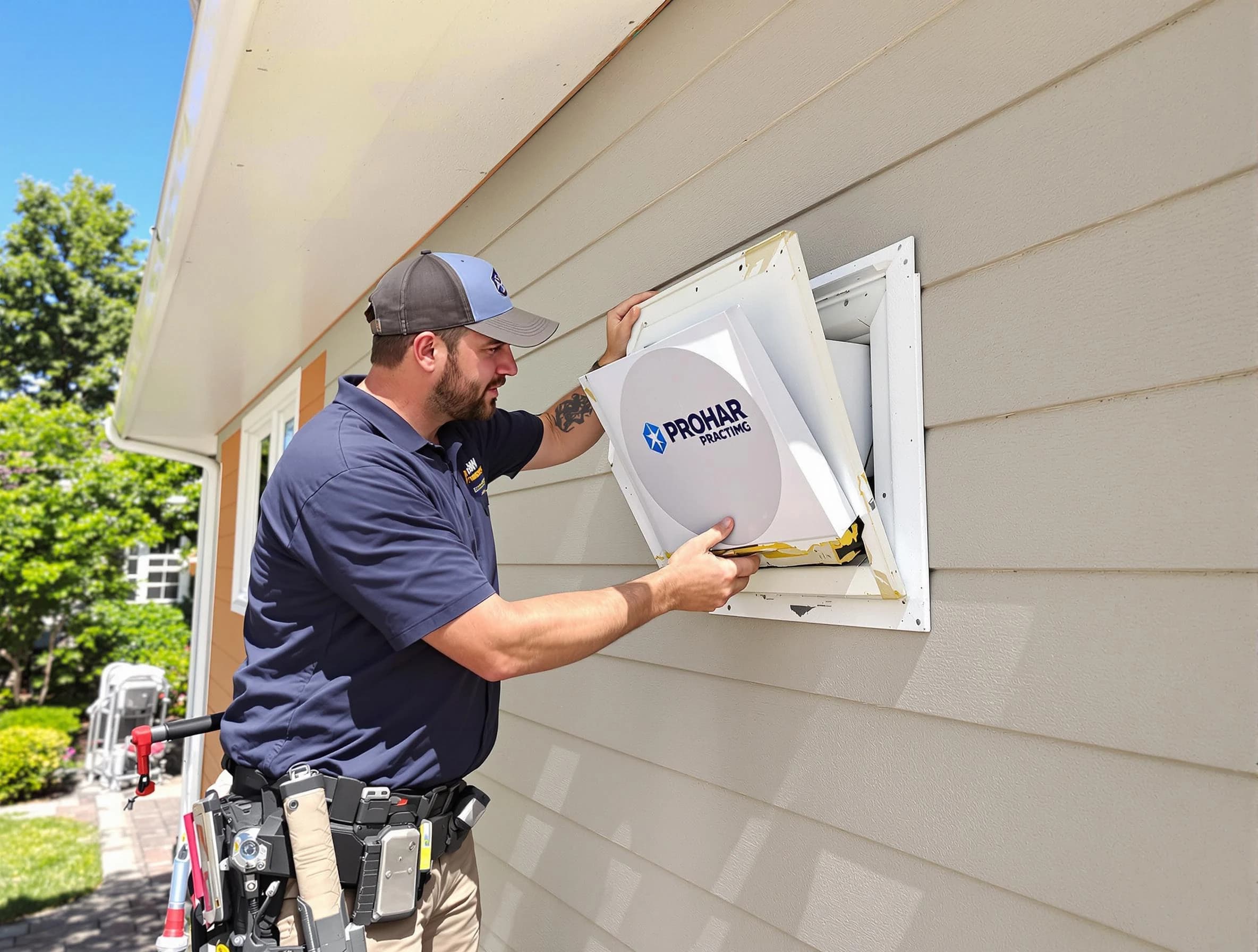 Chickasha Dryer Vent Cleaning technician installing a new protective dryer vent cover on a home in Chickasha