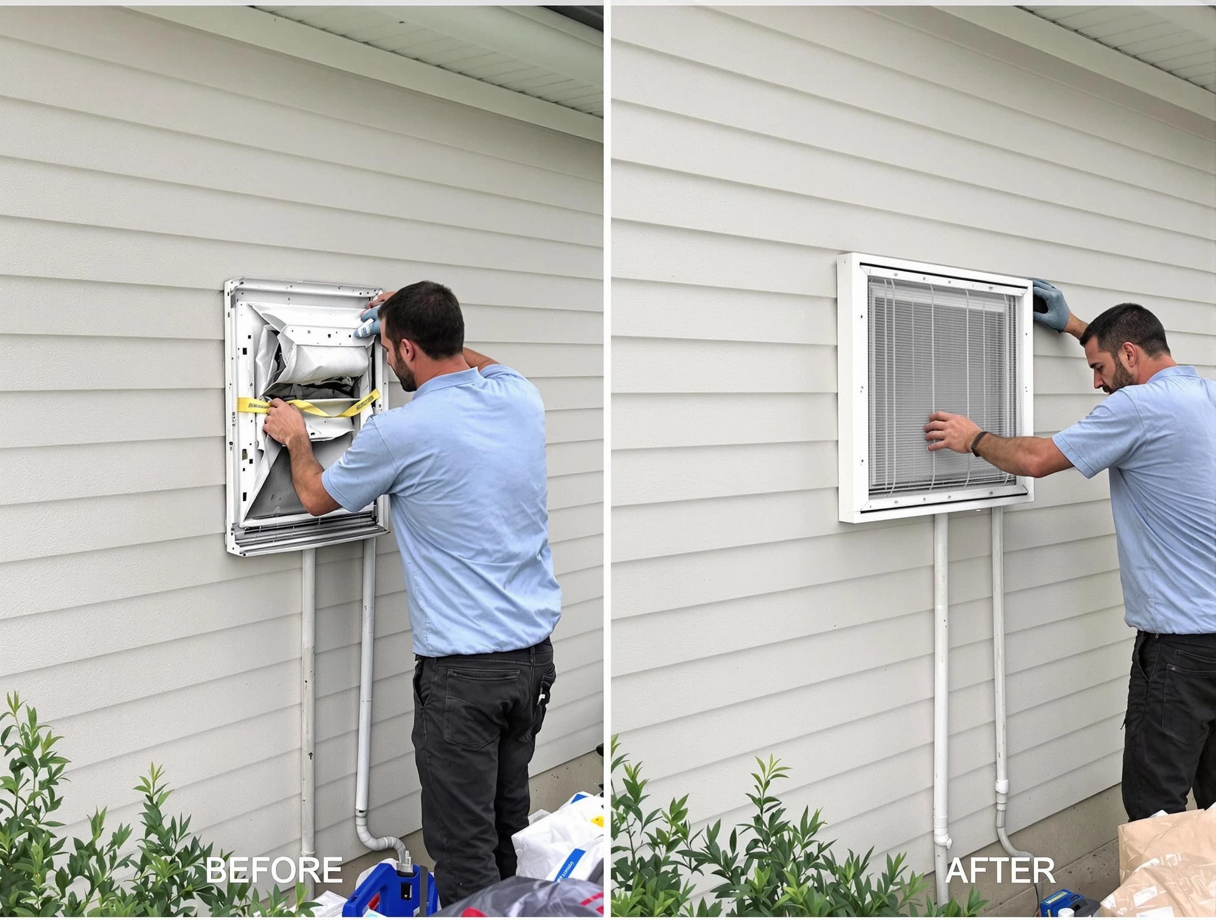 Chickasha Dryer Vent Cleaning technician installing high-quality dryer vent cover at a residential property in Chickasha