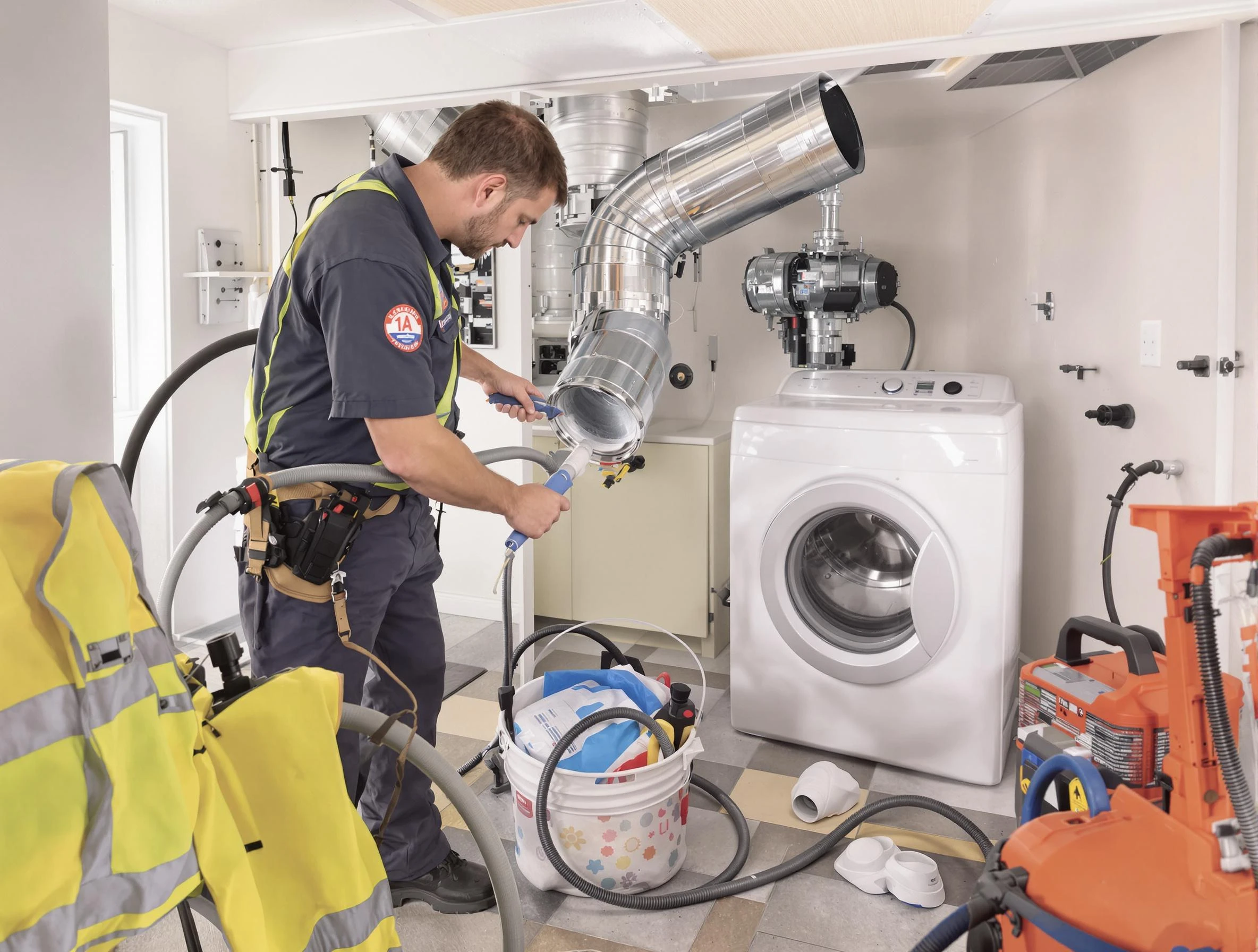 Chickasha Dryer Vent Cleaning technician using specialized equipment to clear severe dryer vent blockage in Chickasha